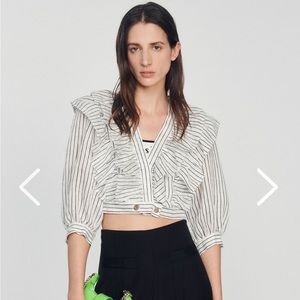 Sandro Cropped Linen Top with Stripes - New With Tags
